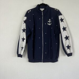 Rafael Womens Vintage 80 Nautical Navy Zip Up Bomber Jacket Stars & Anchor Small
